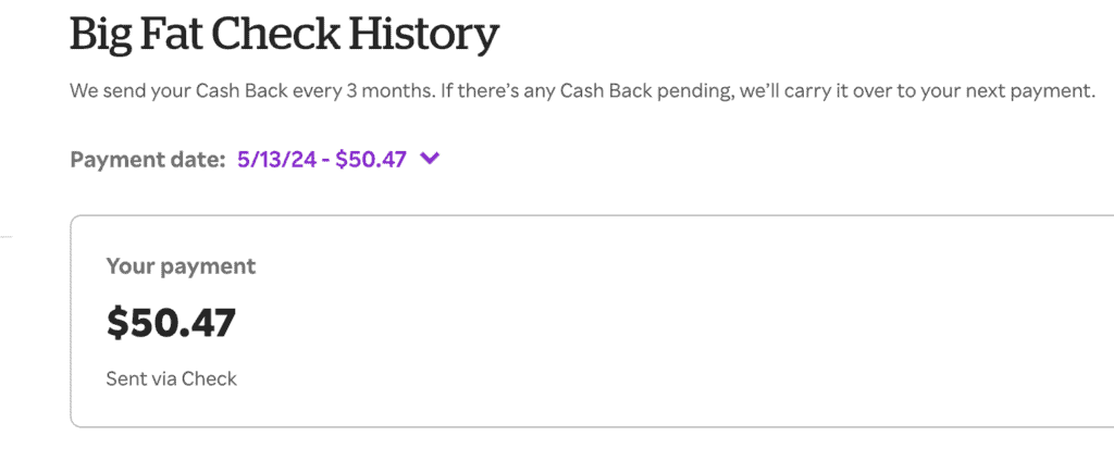 Rakuten Cash Back Big Fat Check History